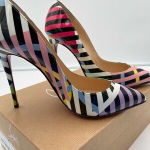 Christian Louboutin Pigalle Follies 100 Patent Cinestripes 37 RED BOTTOMS NEW!